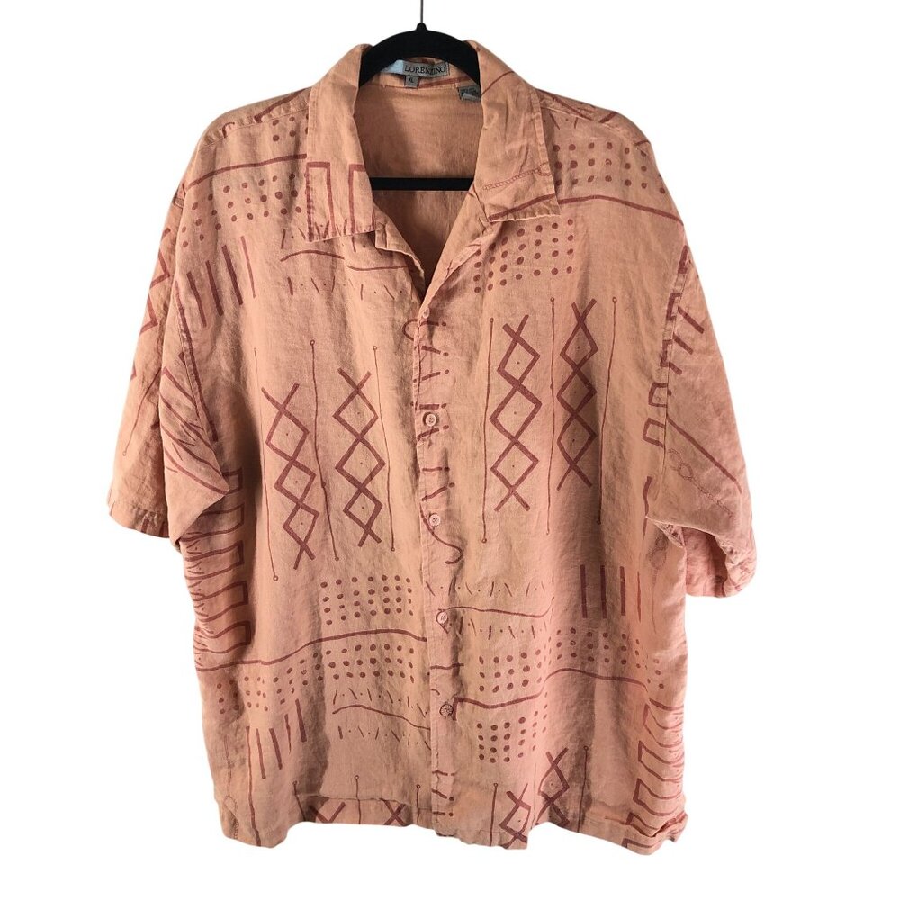 Lorenzzino Mens Button Down Shirt Linen Geometric Print Salmon Pink XL